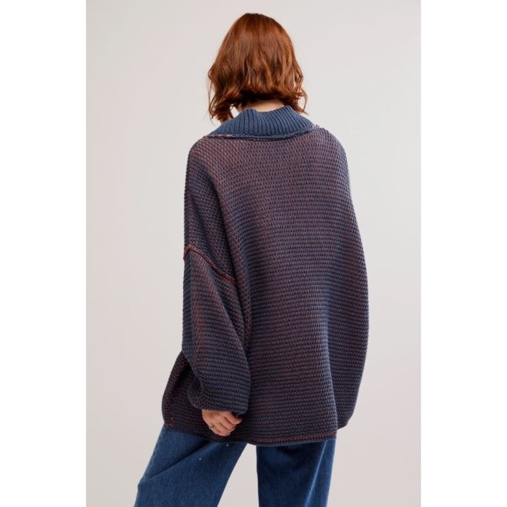 Free People Blue Orange Waffle Knit Oversized V-Neck Sweater Womens Medium - Picture 3 of 7